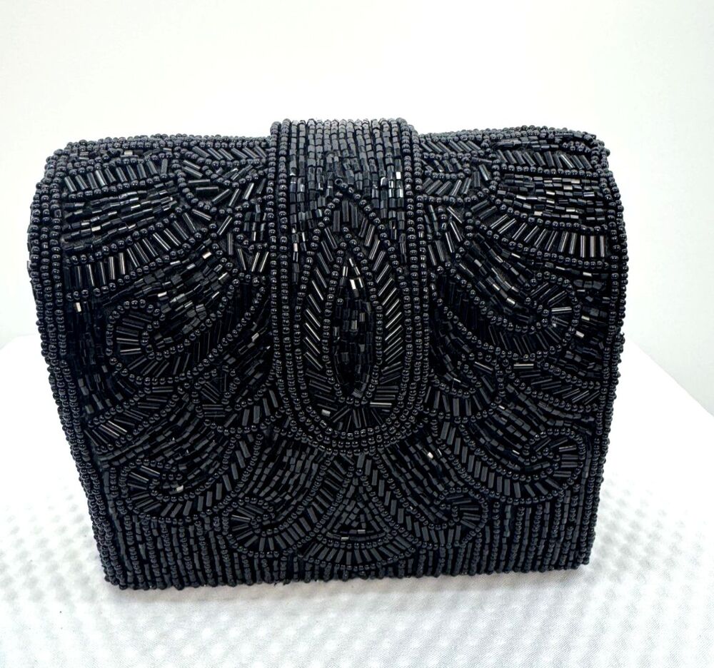 Vintage La Regale Black Beaded Evening Bag Chain Strap Formal Art Deco Purse